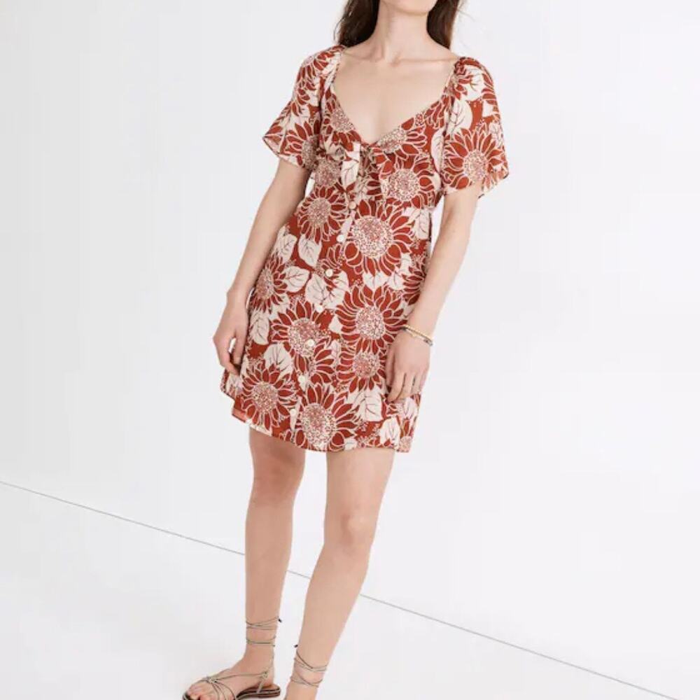 Madewell Silk Tie Front Mini Dress in Sunflower Season Rusty Torch 14